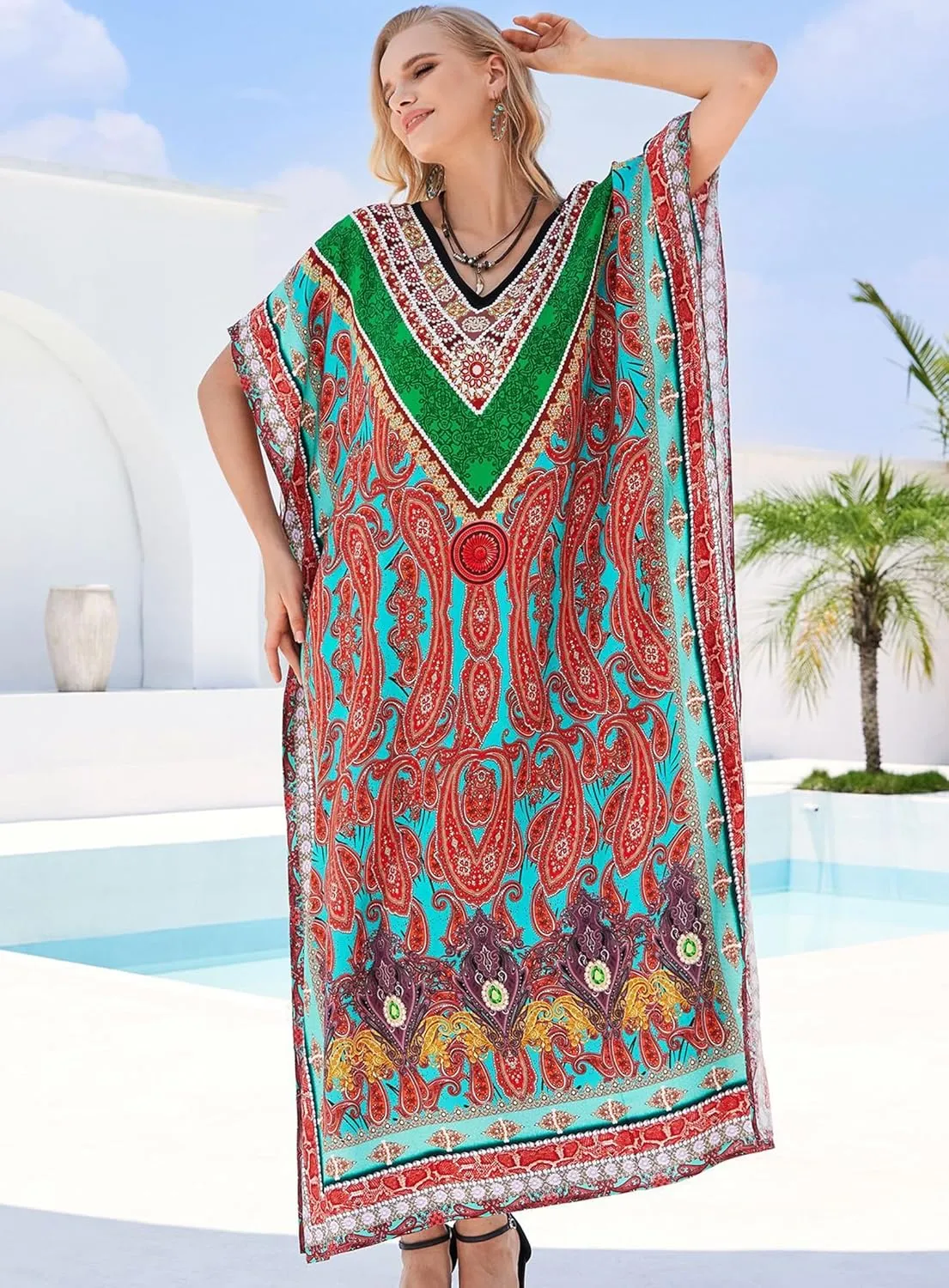 Plus Size Kaftan Dresses for Women 2025 Tropical Beach Cover Ups Swimwear Lightweight Caftans for Vacation Dress