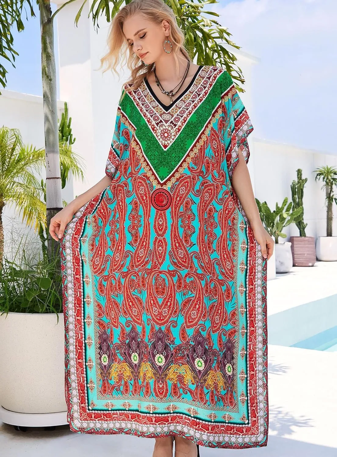 Plus Size Kaftan Dresses for Women 2025 Tropical Beach Cover Ups Swimwear Lightweight Caftans for Vacation Dress