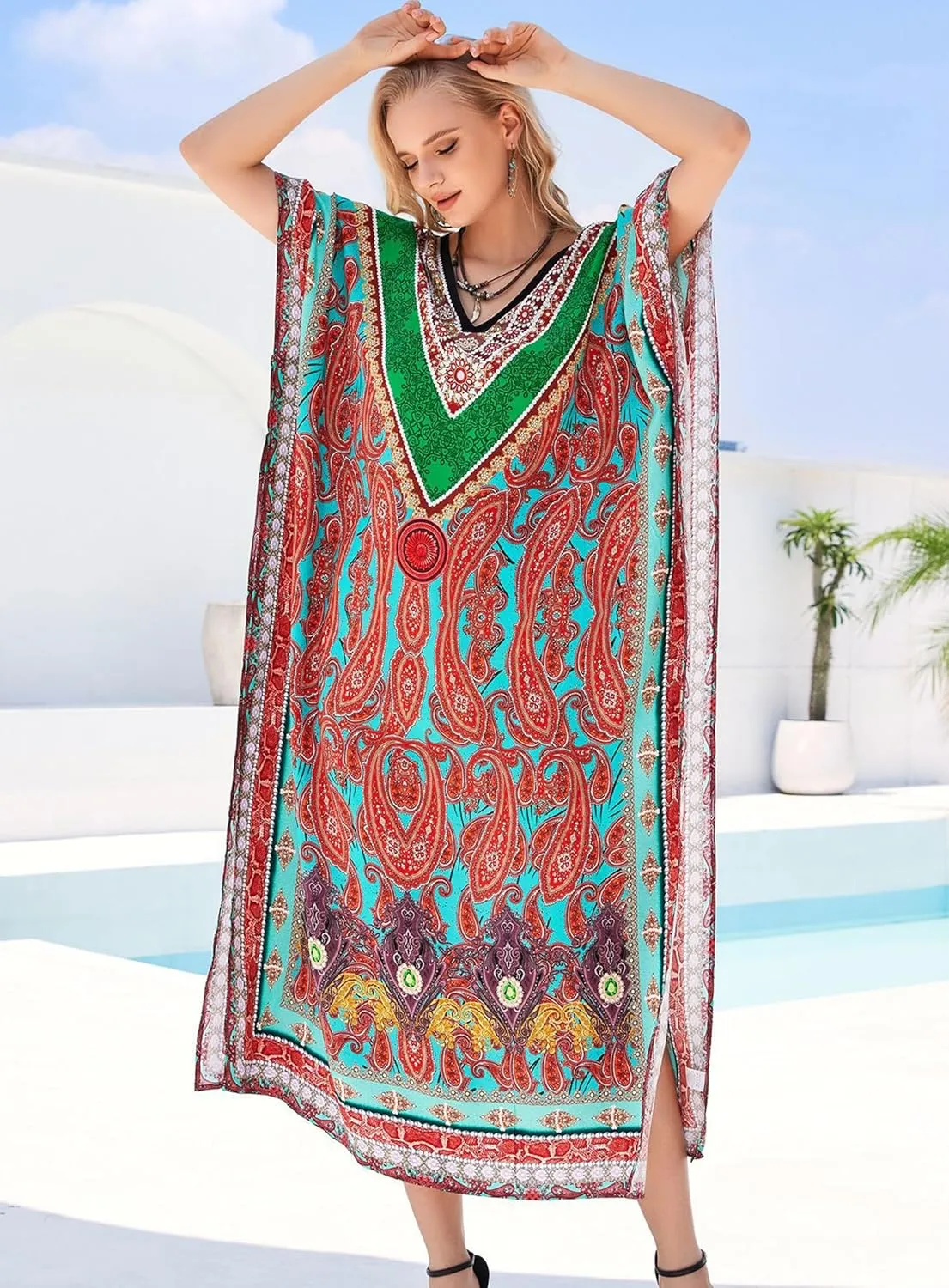 Plus Size Kaftan Dresses for Women 2025 Tropical Beach Cover Ups Swimwear Lightweight Caftans for Vacation Dress