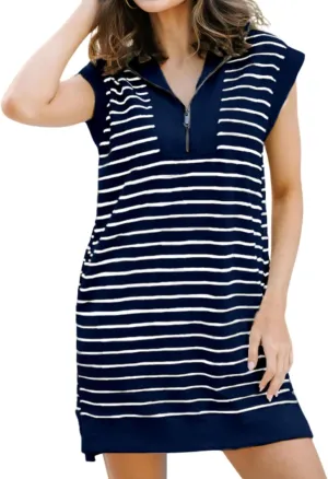 SeekMe Women's Summer Striped Sweater Dress Cap Sleeve Sweatshirt Dress Zip Knit Mini Romper with Pockets