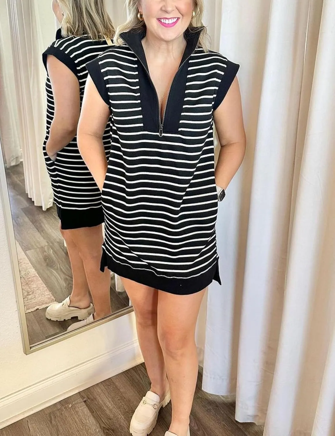 SeekMe Women's Summer Striped Sweater Dress Cap Sleeve Sweatshirt Dress Zip Knit Mini Romper with Pockets