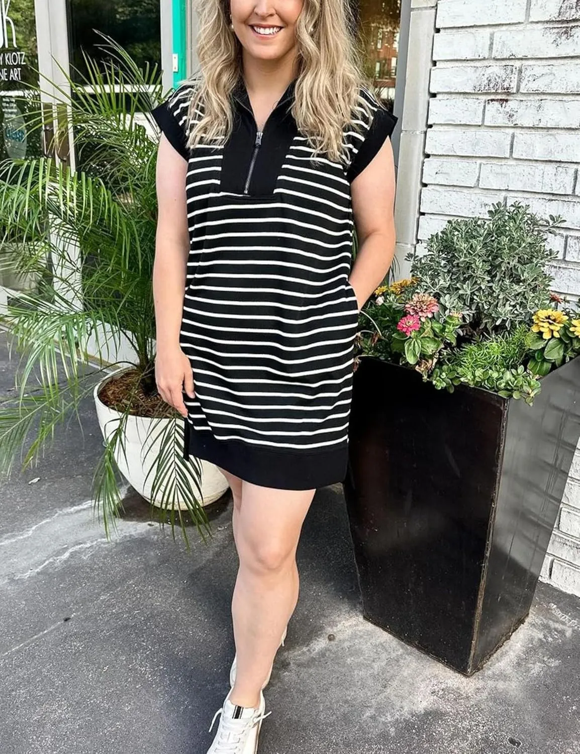 SeekMe Women's Summer Striped Sweater Dress Cap Sleeve Sweatshirt Dress Zip Knit Mini Romper with Pockets