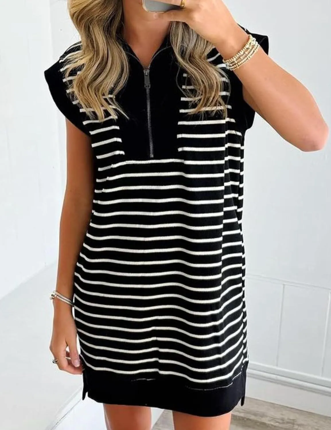 SeekMe Women's Summer Striped Sweater Dress Cap Sleeve Sweatshirt Dress Zip Knit Mini Romper with Pockets