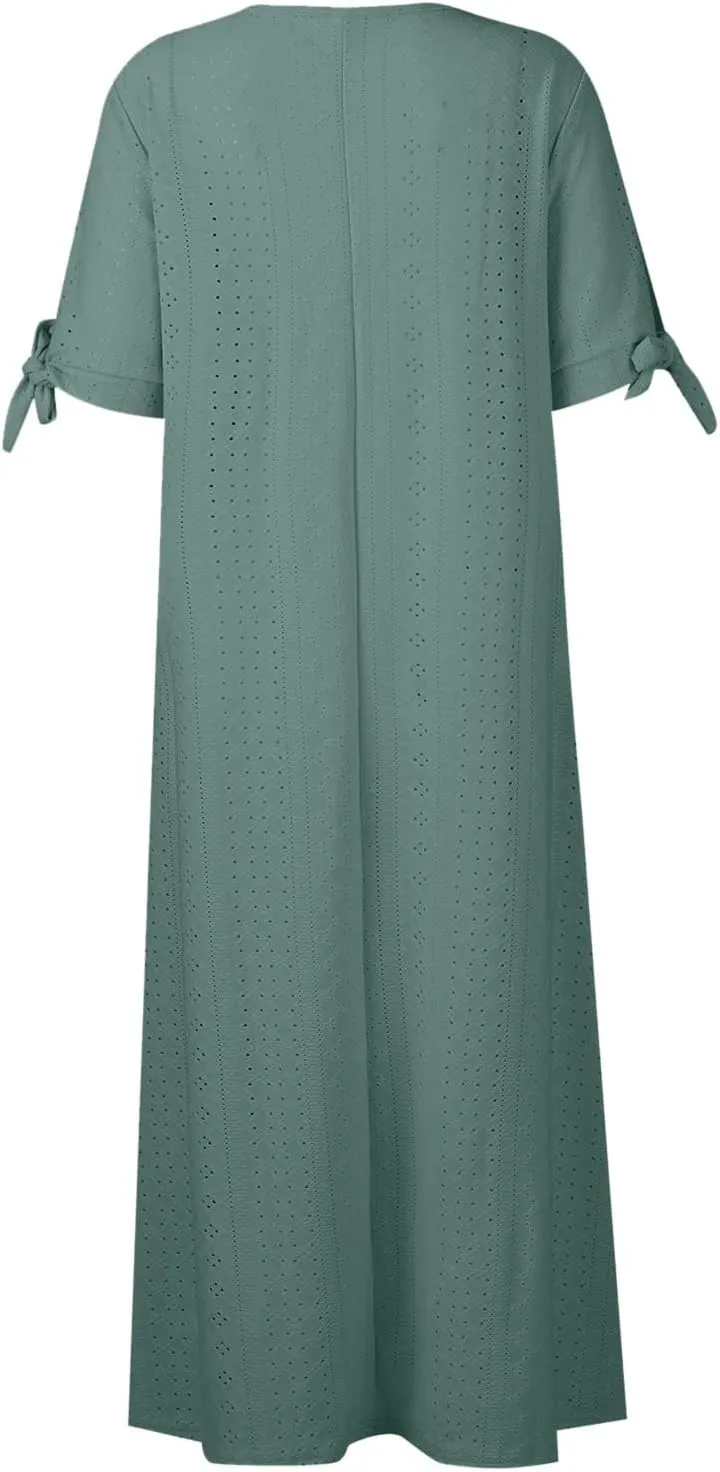 Short Sleeve Summer Dresses for Women 2025 Button V Neck Eyelet Beach Boho Vacation Maxi Sundress with Pockets