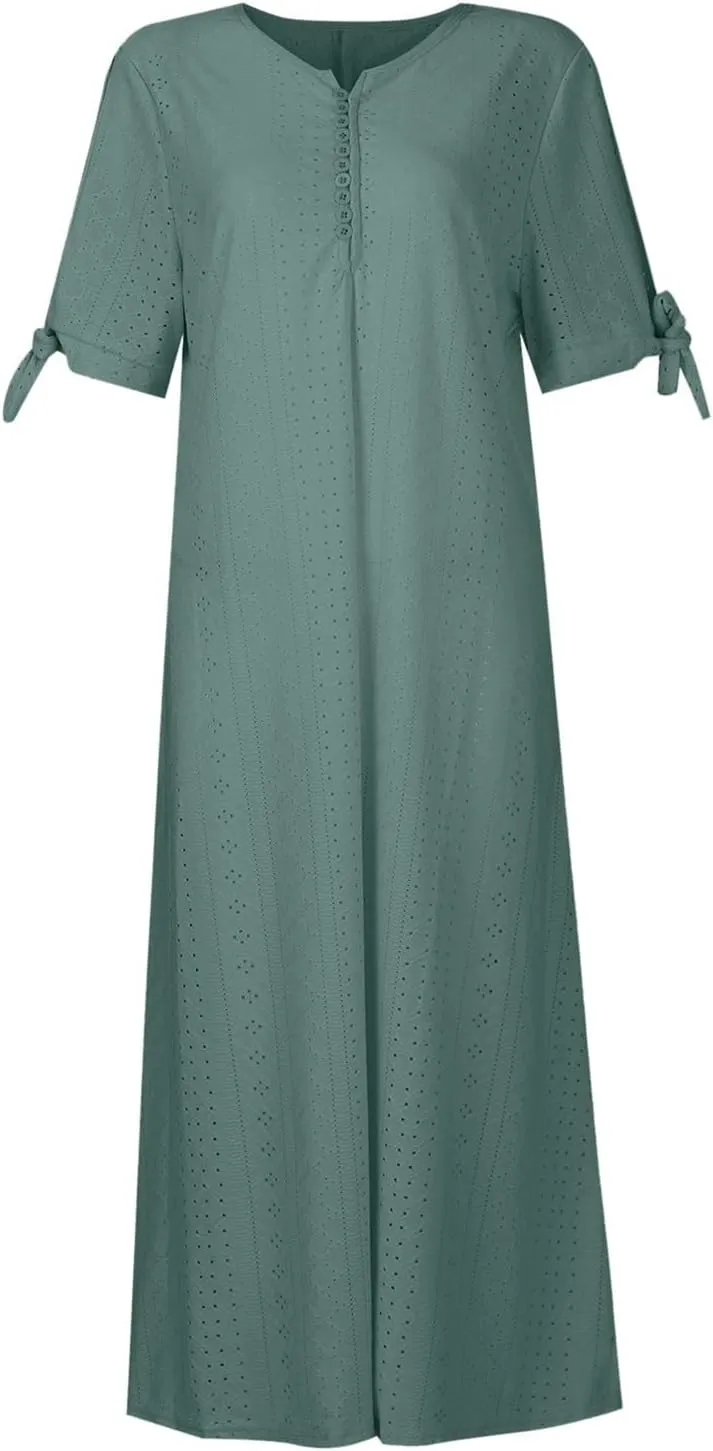Short Sleeve Summer Dresses for Women 2025 Button V Neck Eyelet Beach Boho Vacation Maxi Sundress with Pockets