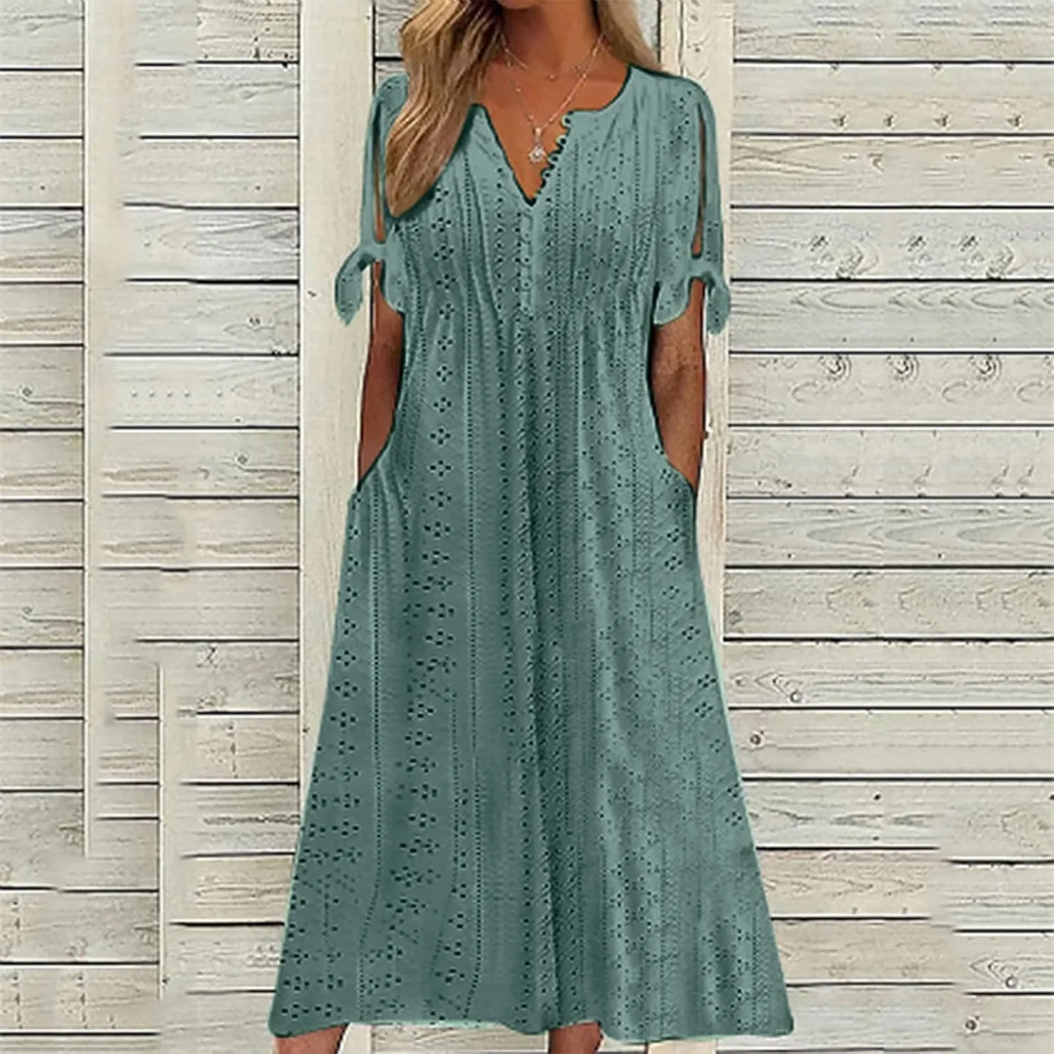Short Sleeve Summer Dresses for Women 2025 Button V Neck Eyelet Beach Boho Vacation Maxi Sundress with Pockets