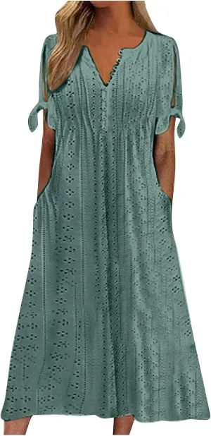 Short Sleeve Summer Dresses for Women 2025 Button V Neck Eyelet Beach Boho Vacation Maxi Sundress with Pockets