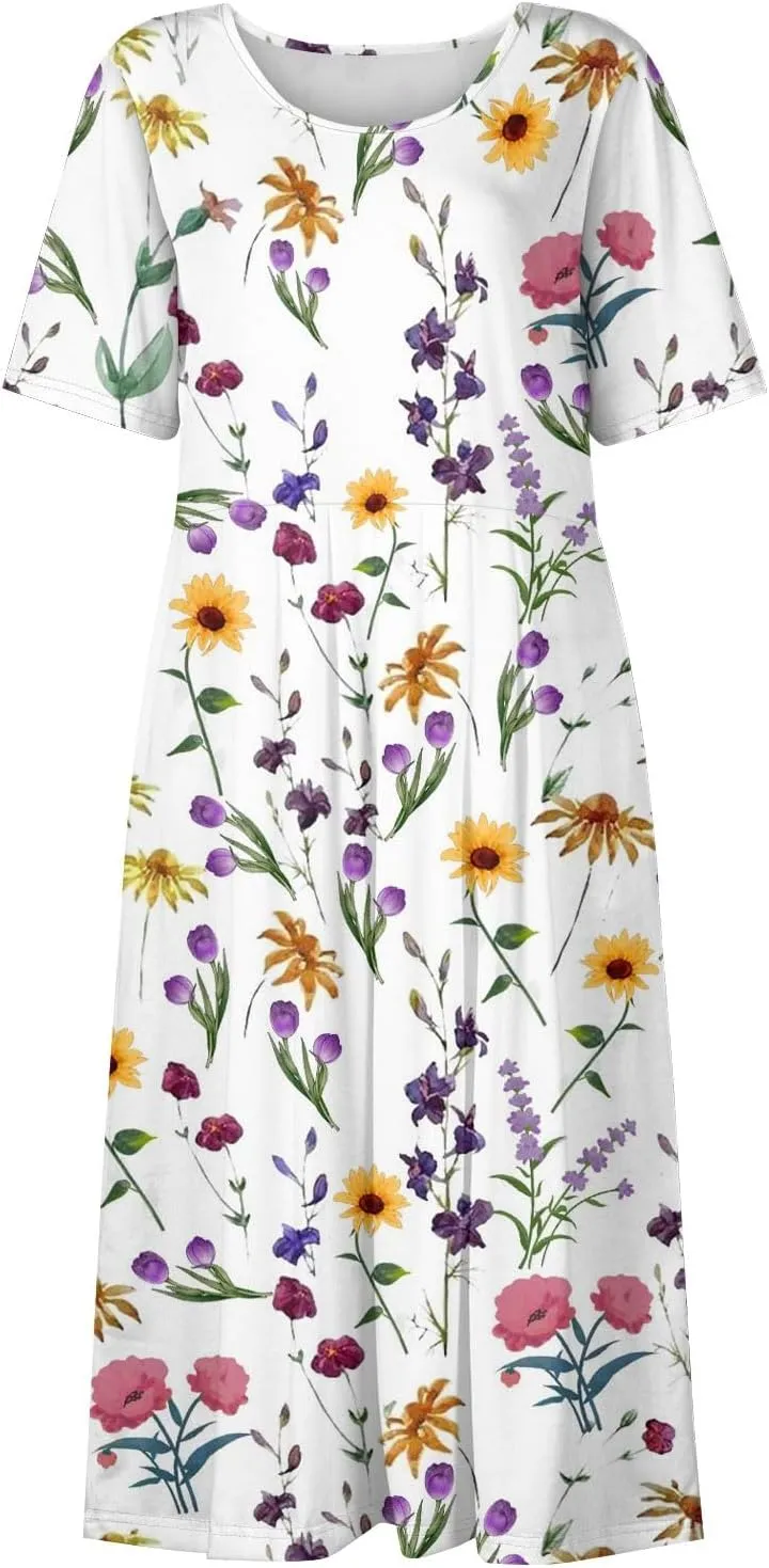 Summer Dresses for Women 2025 Casual Short Sleeve Scoop Neck Print Swing Beach Boho Tshirt Dress with Pockets