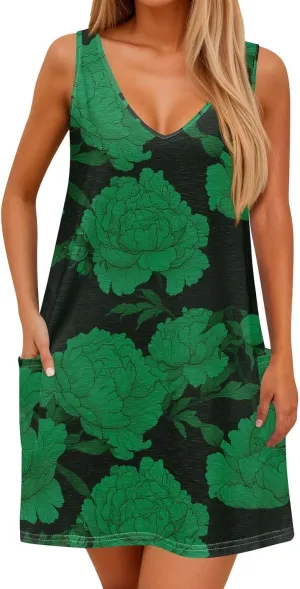 Summer Dresses for Women Vacation V Neck Dress with Pocket Beach 2025 Sundress Casual Printed Swimsuit Coverup