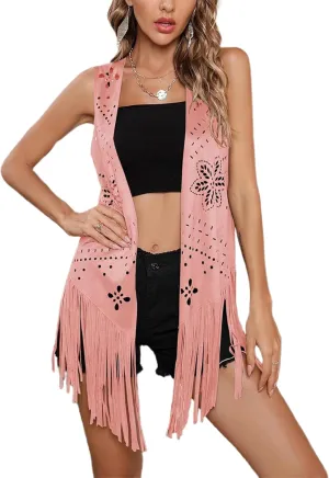 Women Fringe Vest 70s Hippie Costume Sleeveless Rivets Tassel Open Front Faux Suede Waistcoat Western Vest
