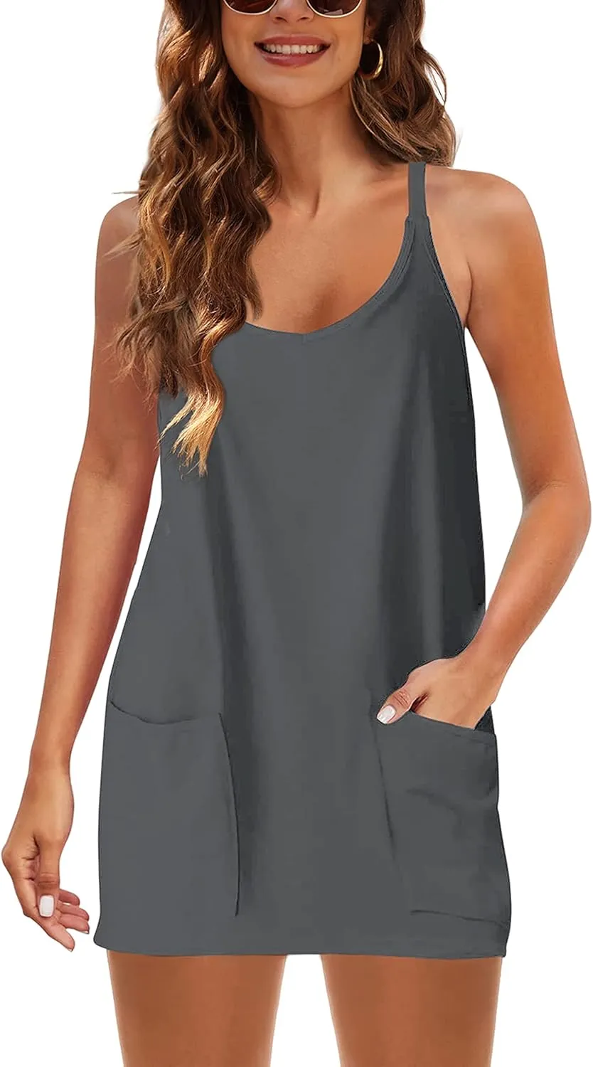 Women Sleeveless Athletic Dress Mini Dress Spaghetti Strap Sundress with Shorts