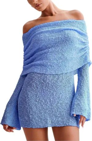 Women's Beach Cover Ups Dress Off Shoulder Bell Sleeve Sexy Summer Vacation Swimwear Bodycon Cover-ups