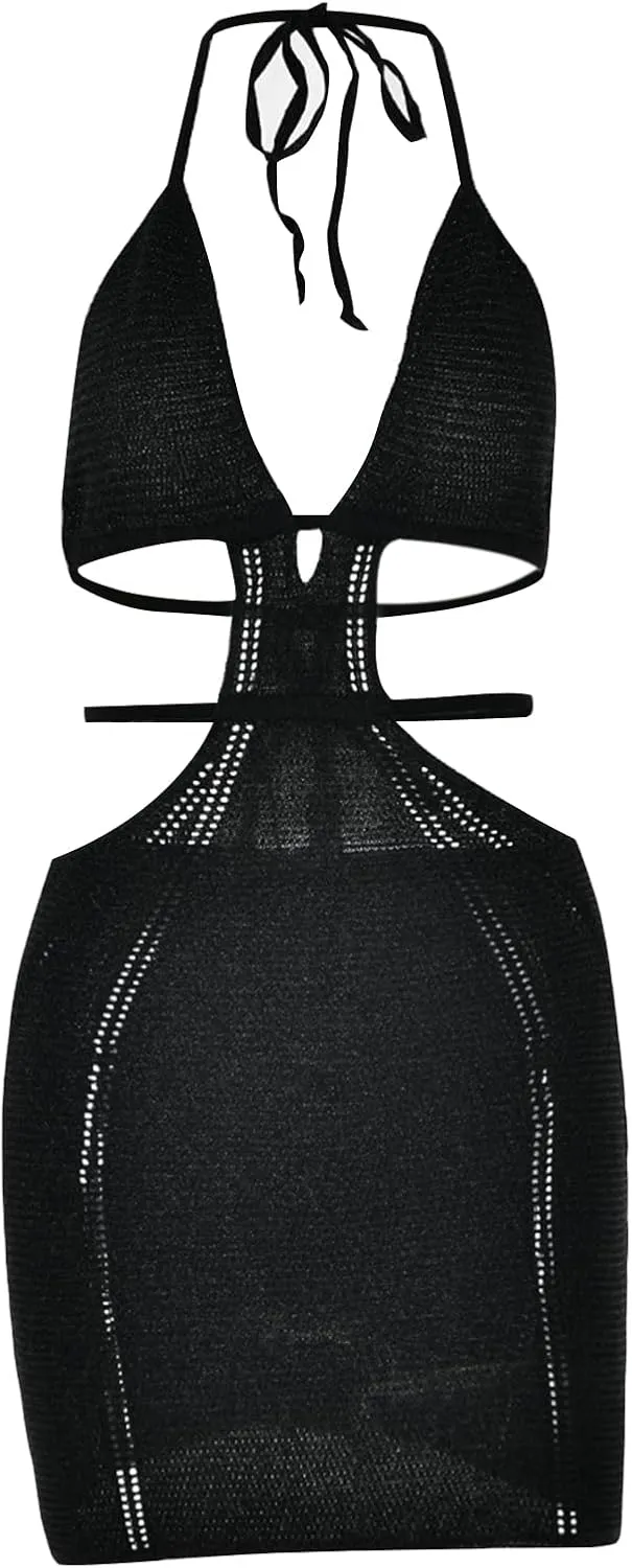 Women's Halter Bodycon Mini Dress Sleeveless Tie Backless Hollow Out Corset Knit Wrap Beach Dress Summer 2025