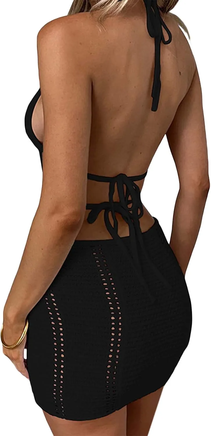 Women's Halter Bodycon Mini Dress Sleeveless Tie Backless Hollow Out Corset Knit Wrap Beach Dress Summer 2025
