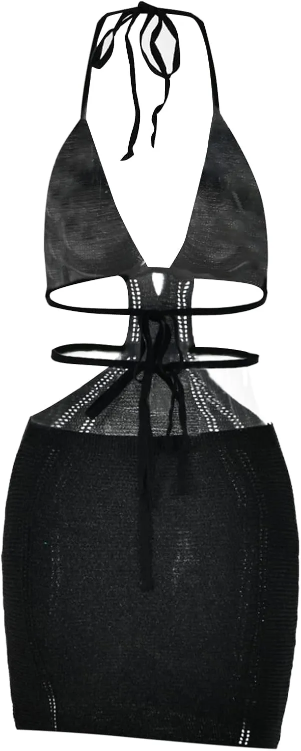 Women's Halter Bodycon Mini Dress Sleeveless Tie Backless Hollow Out Corset Knit Wrap Beach Dress Summer 2025