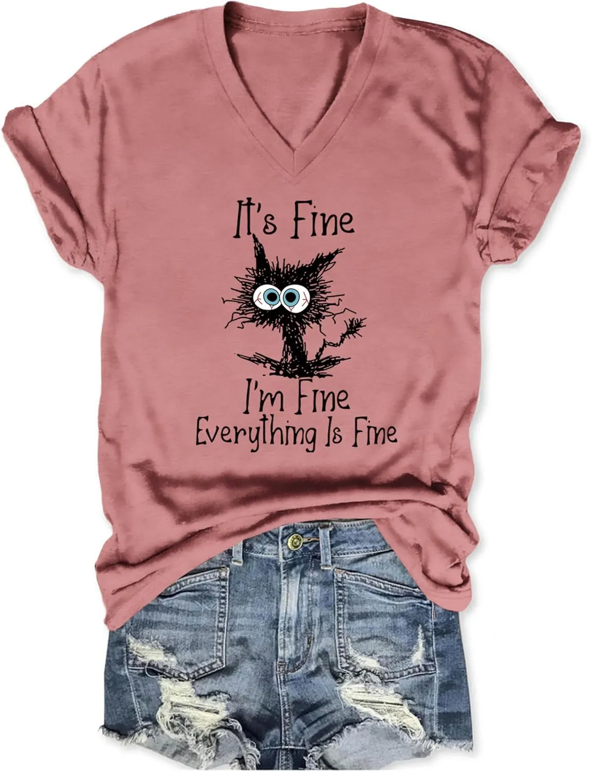 Women's I'm Fine Everything is Fine T Shirts Funny Sayings Casual V-Neck T Shirt Cute Cat Graphic Tee Sarcastic Shirts