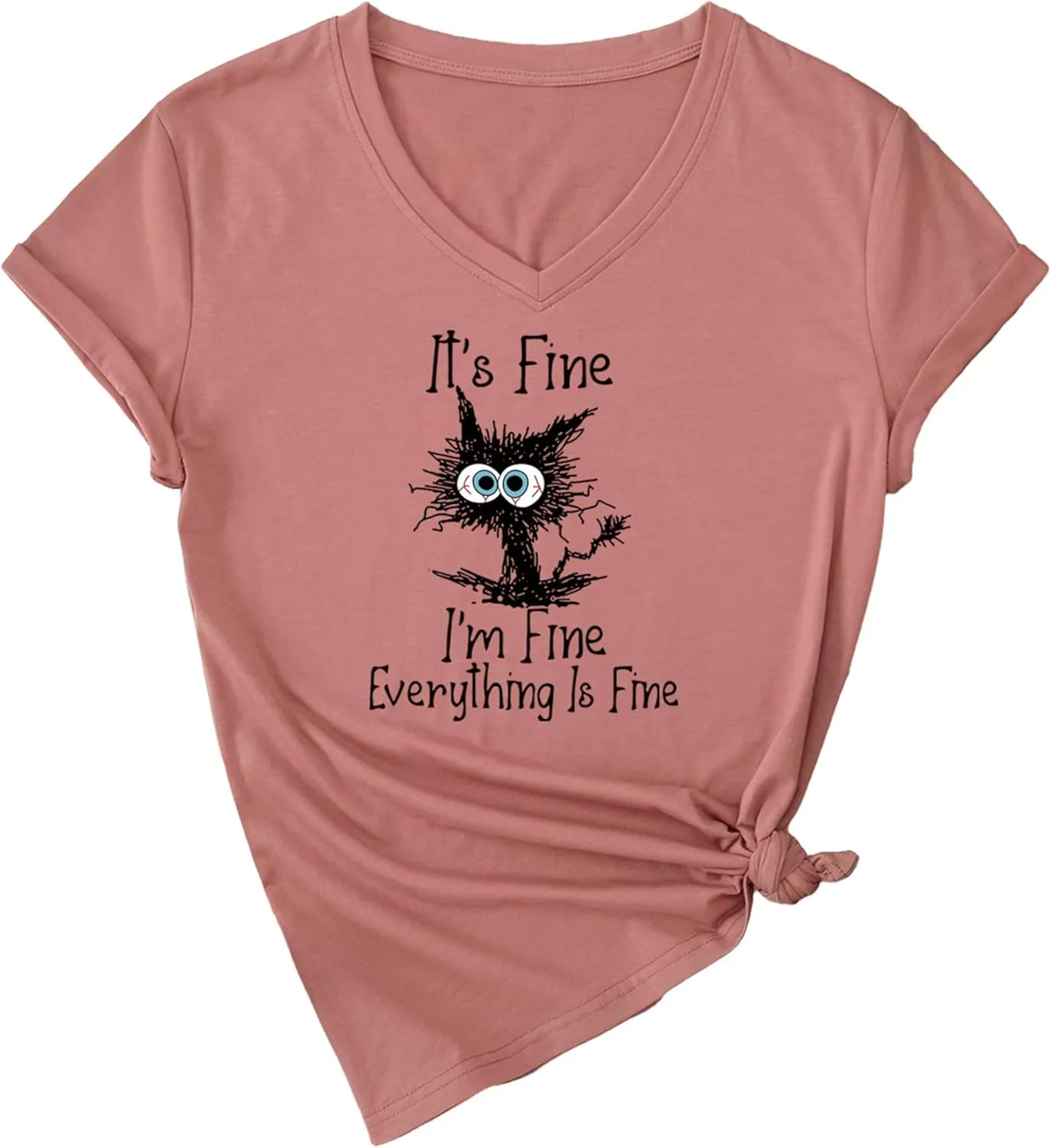 Women's I'm Fine Everything is Fine T Shirts Funny Sayings Casual V-Neck T Shirt Cute Cat Graphic Tee Sarcastic Shirts