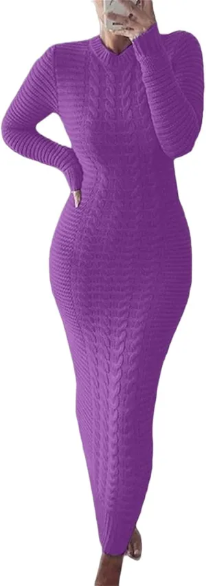 Women's Long Sleeve Dress Twist Ribbed Knit Bodycon Maxi Dresses Sexy Crewneck Long Sweater Dress for Cocktail Party