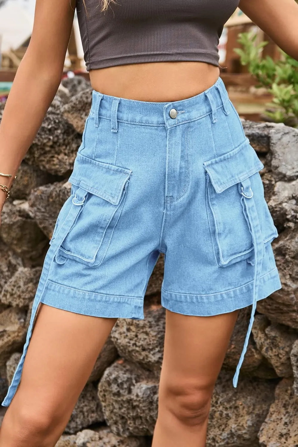 YOCUR Womens Cargo Denim Shorts - Summer Casual Vintage Loose Button Zipper Shorts