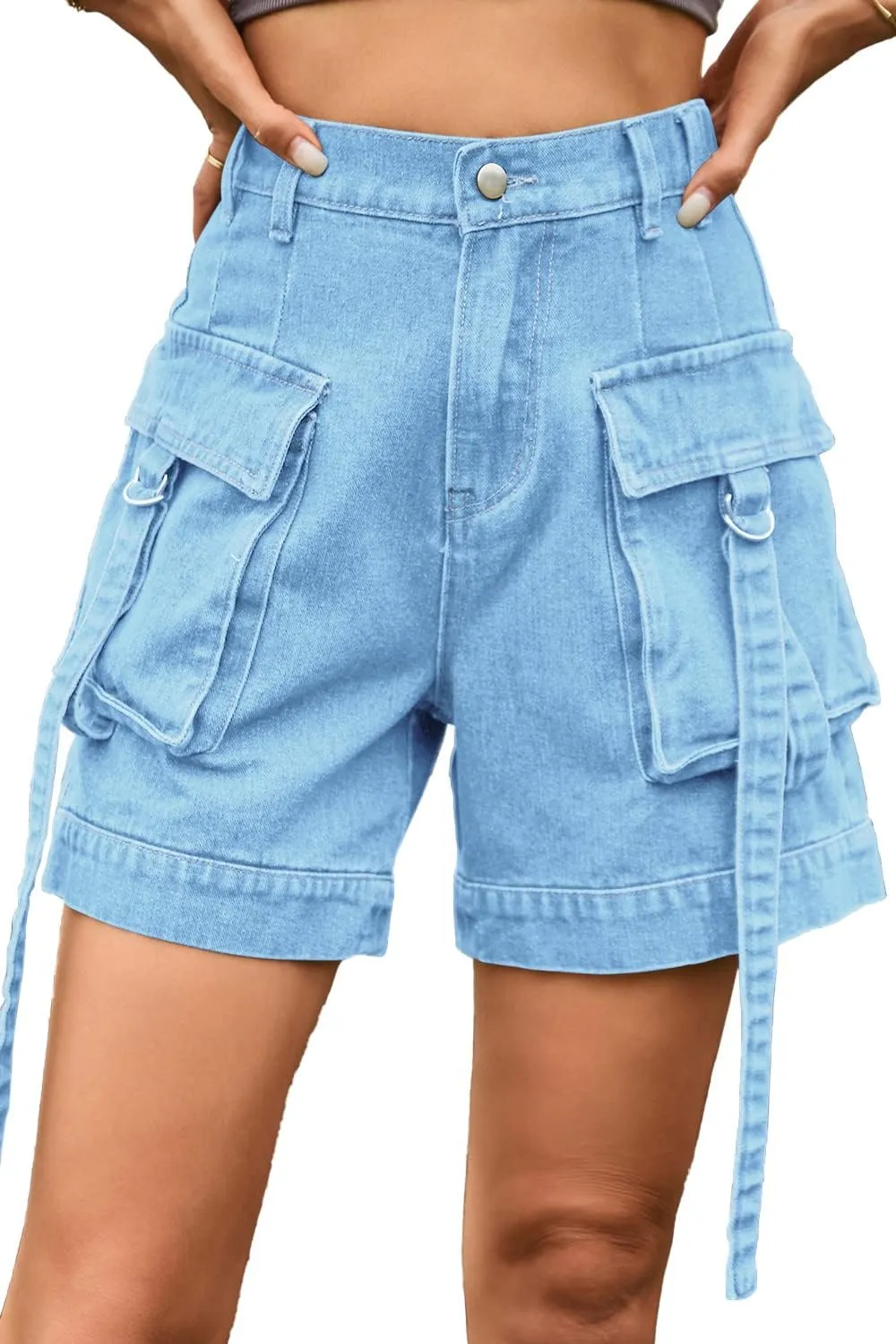 YOCUR Womens Cargo Denim Shorts - Summer Casual Vintage Loose Button Zipper Shorts